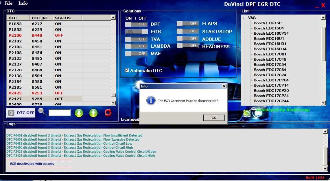 Davinci 1.0.30 DPF EGR DTC ADBLUE OFF